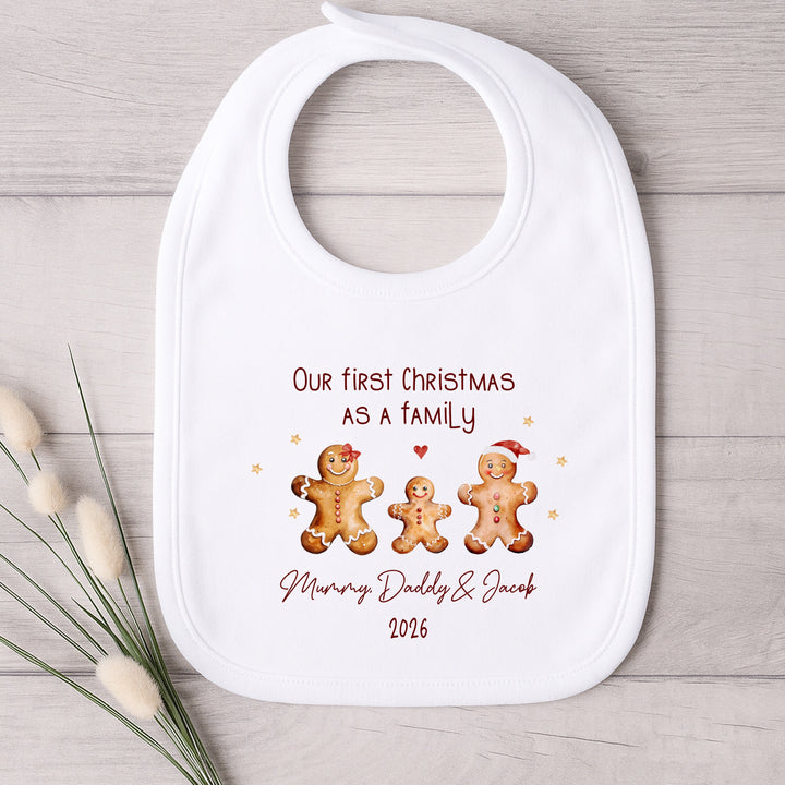 Personalised Gingerbread First Christmas As A Family Baby Grow, Vest or Bib