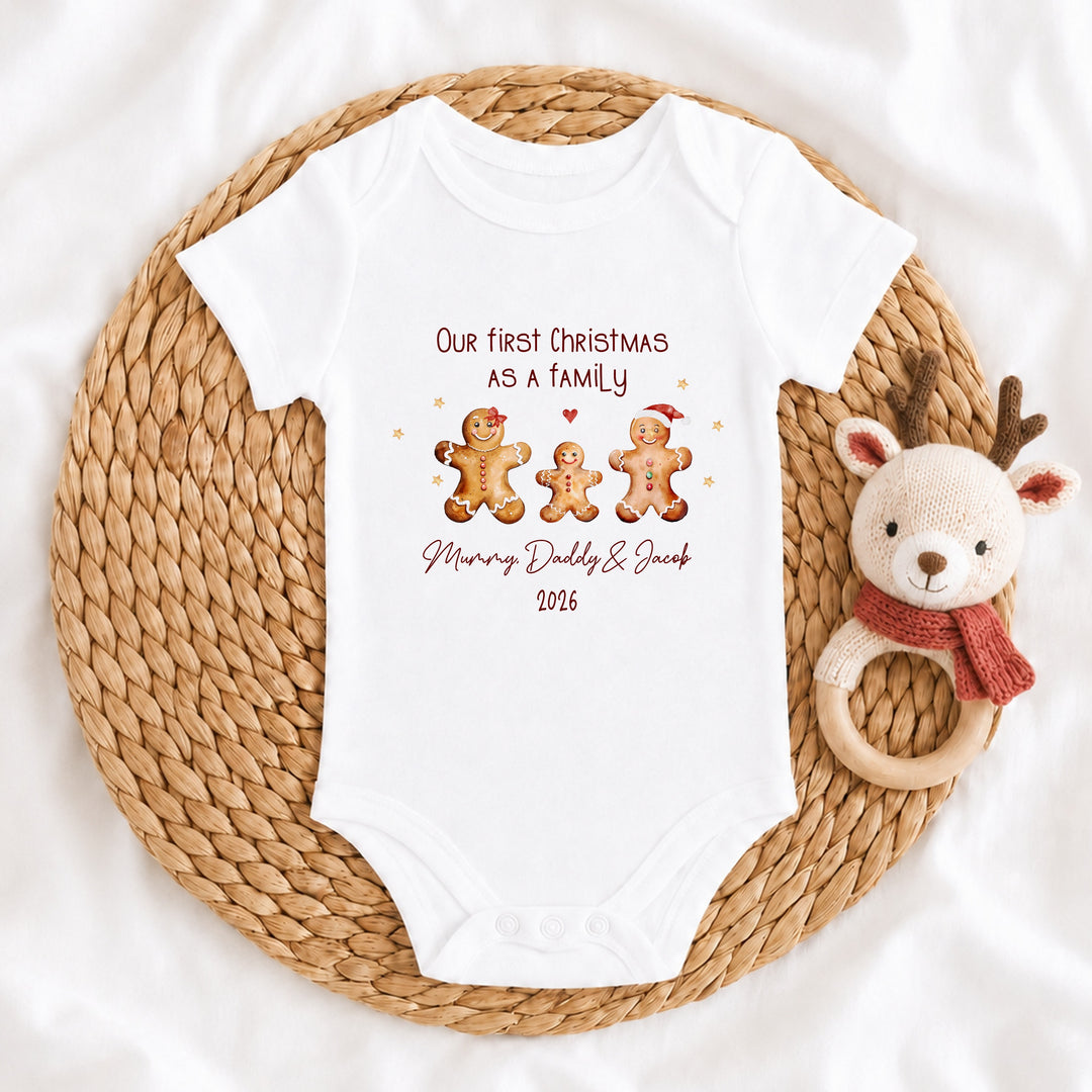 Personalised Gingerbread First Christmas As A Family Baby Grow, Vest or Bib
