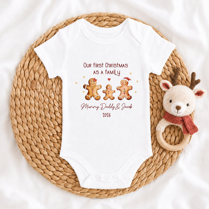 Personalised Gingerbread First Christmas As A Family Baby Grow, Vest or Bib