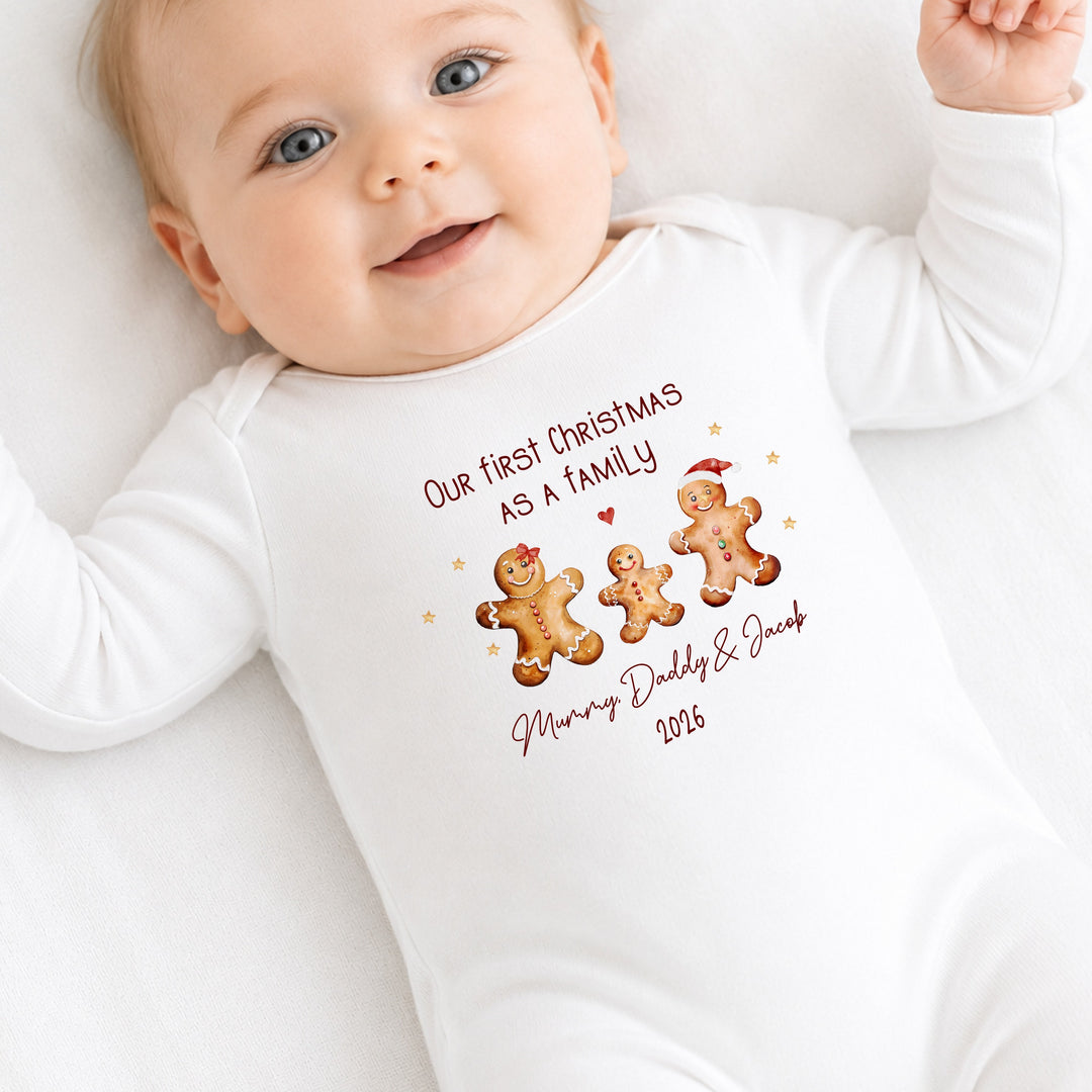 Personalised Gingerbread First Christmas As A Family Baby Grow, Vest or Bib