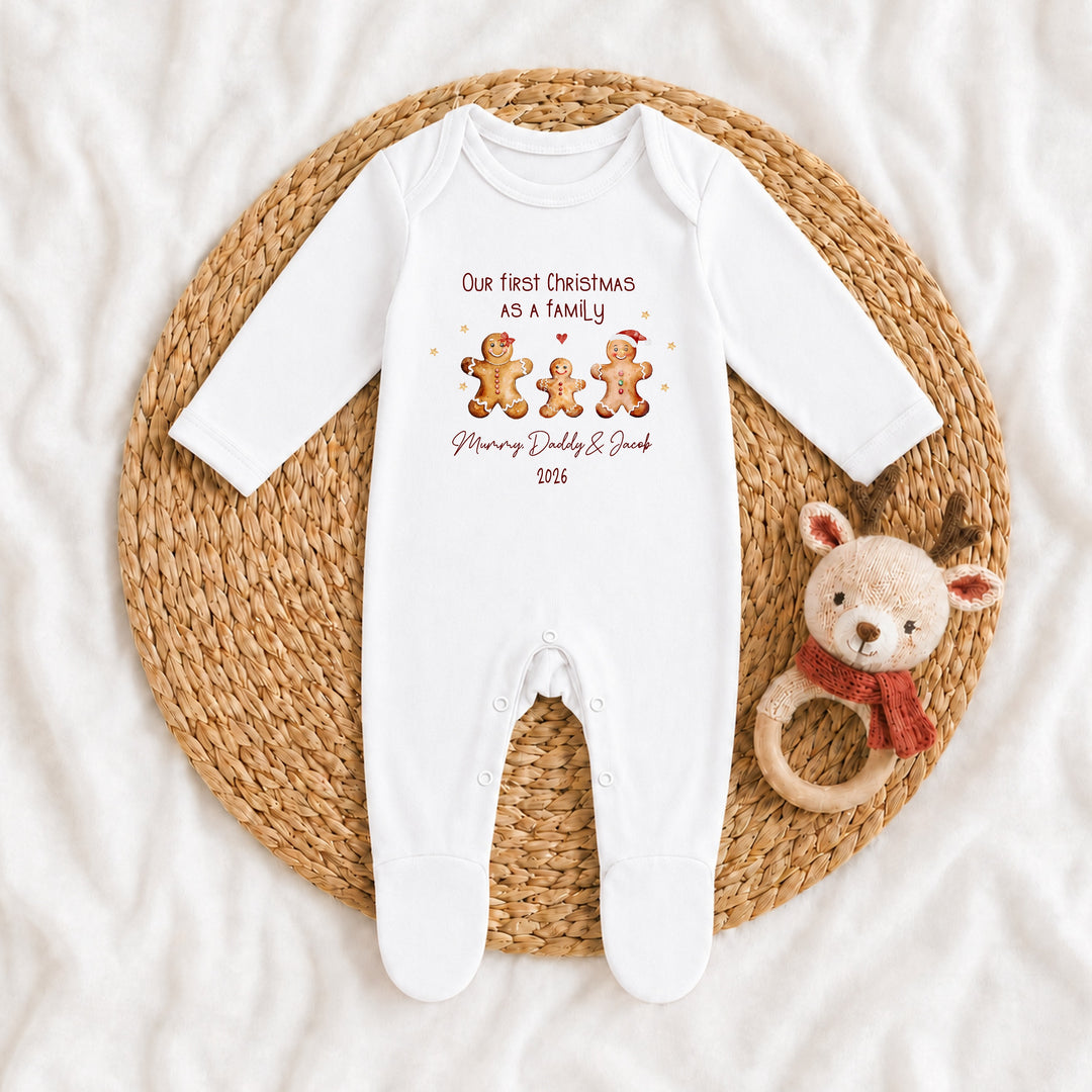 Personalised Gingerbread First Christmas As A Family Baby Grow, Vest or Bib