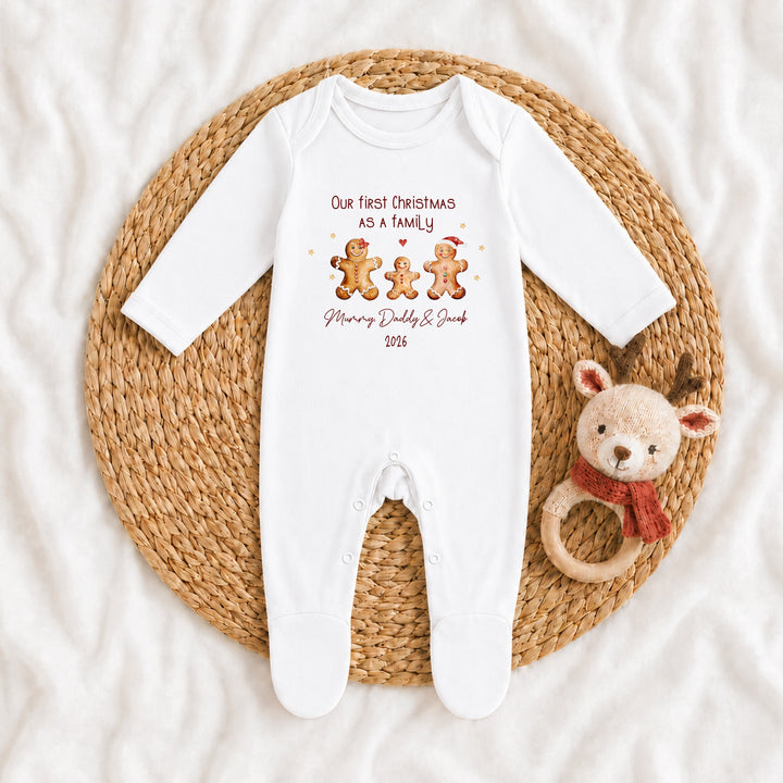 Personalised Gingerbread First Christmas As A Family Baby Grow, Vest or Bib