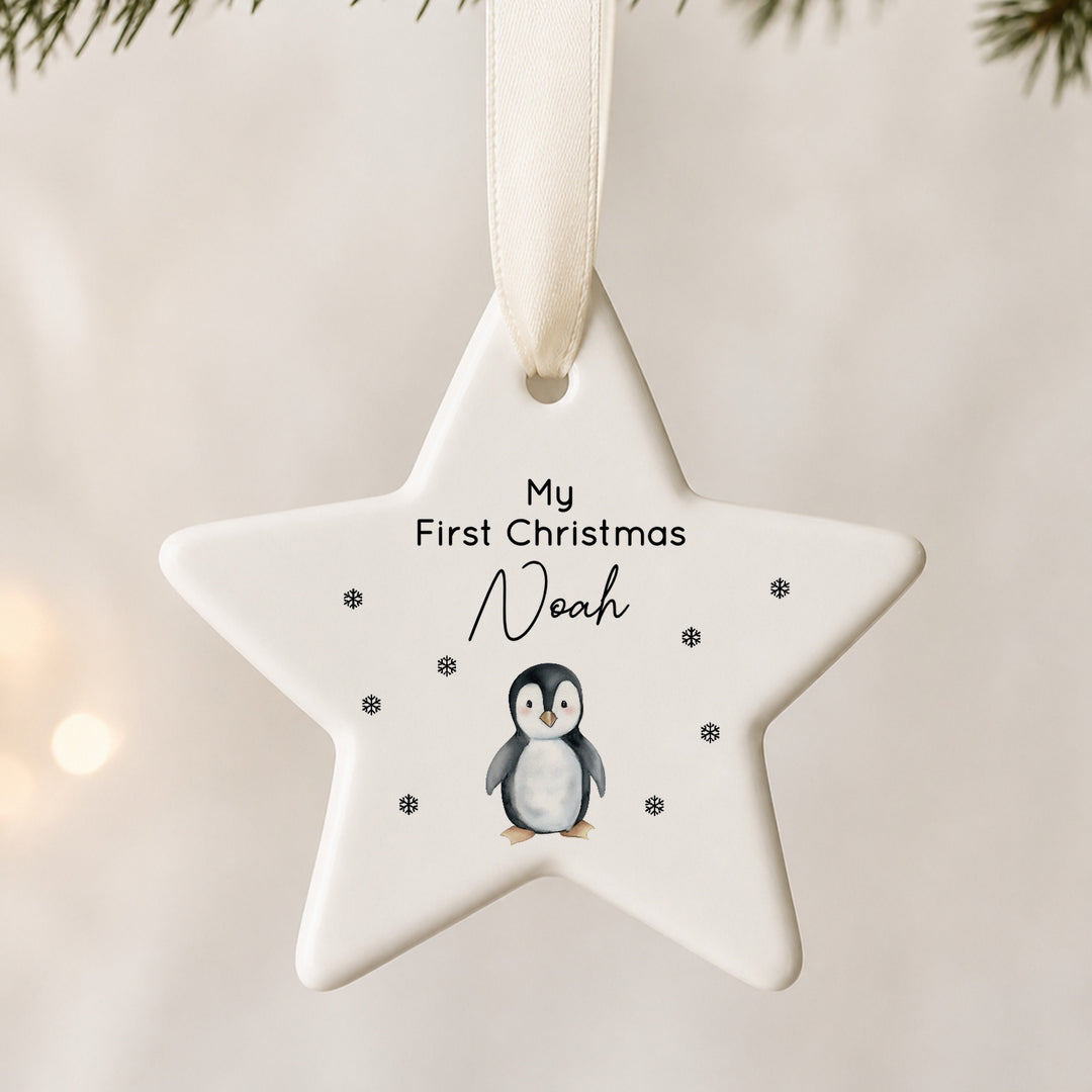 Personalised Penguin Ceramic My First Christmas Star Bauble