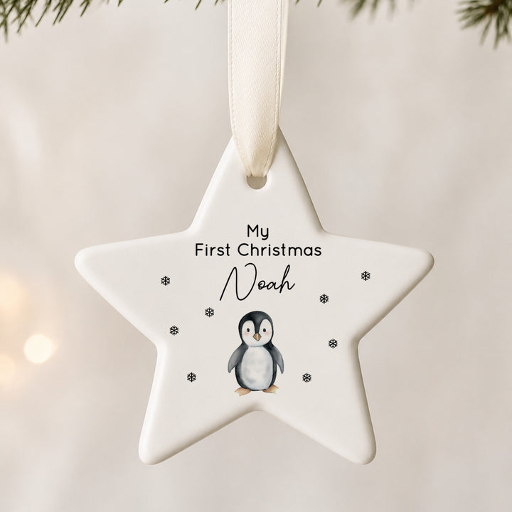 Personalised Penguin Ceramic My First Christmas Star Bauble