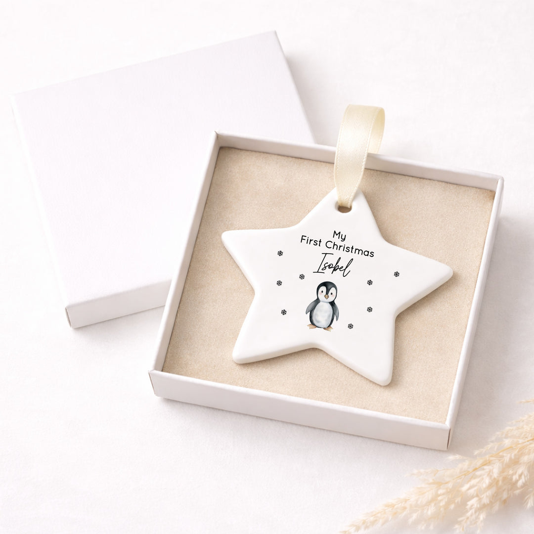 Personalised Penguin Ceramic My First Christmas Star Bauble