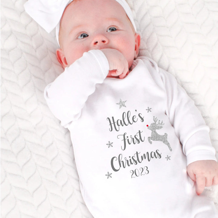 Personalised First Christmas Silver Christmas Baby Grow
