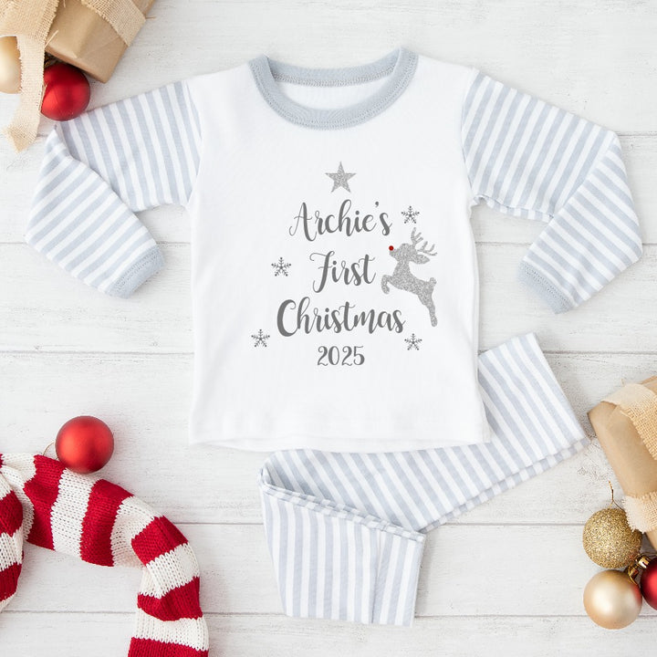 Personalised First Christmas Silver Grey Striped Christmas Pyjamas