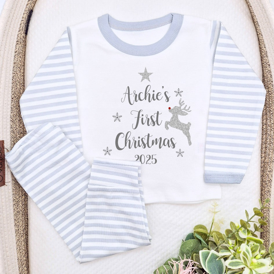 Personalised First Christmas Silver Grey Striped Christmas Pyjamas