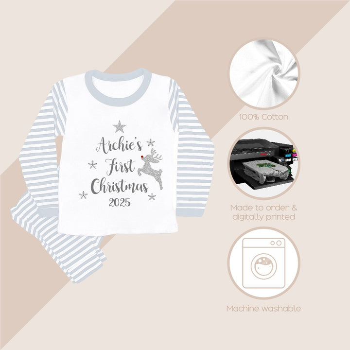 Personalised First Christmas Silver Grey Striped Christmas Pyjamas