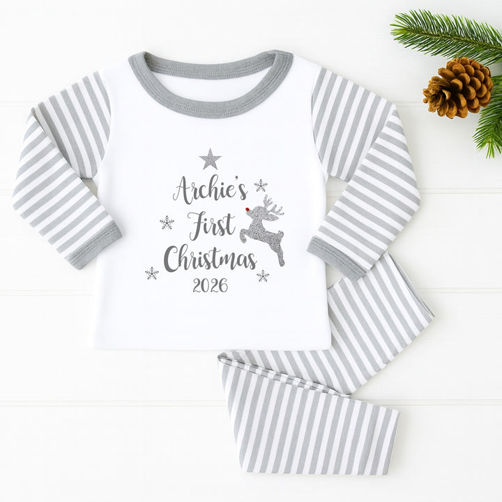 Personalised Silver Glitter Reindeer My First Christmas Pyjamas