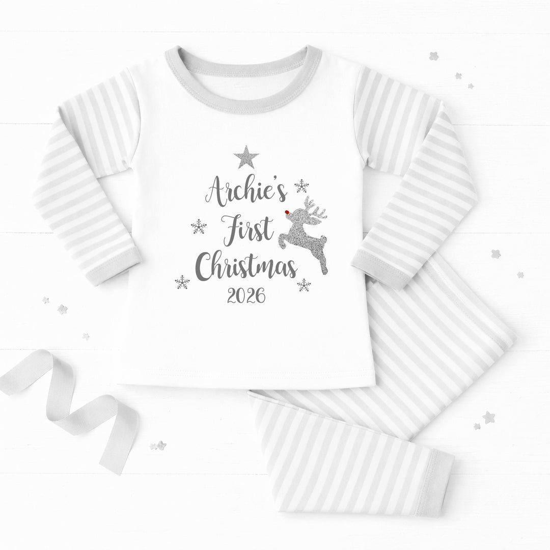 Personalised Silver Glitter Reindeer My First Christmas Pyjamas