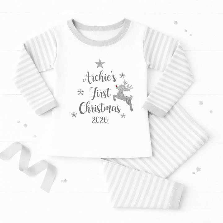 Personalised Silver Glitter Reindeer My First Christmas Pyjamas