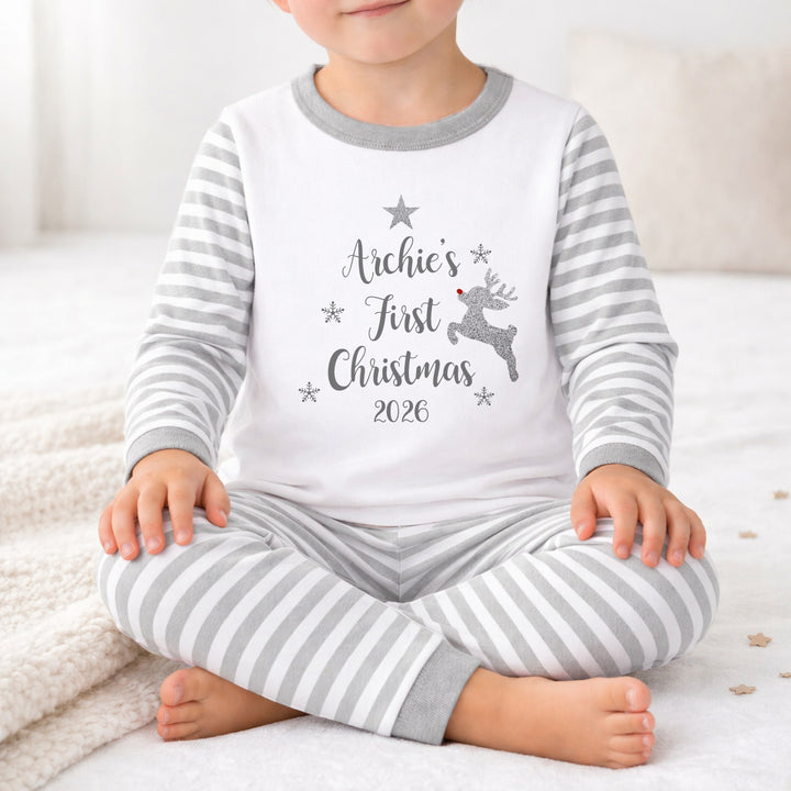 Personalised Silver Glitter Reindeer My First Christmas Pyjamas