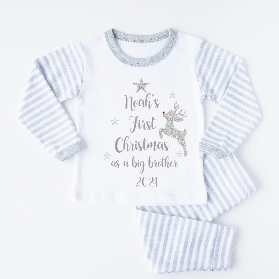 Personalised First Christmas Silver Grey Striped Christmas Pyjamas