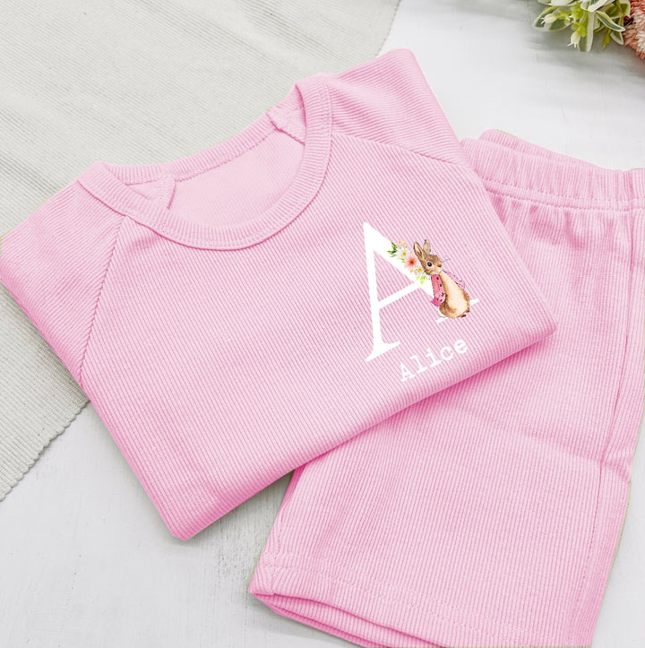 Personalised Pink Rabbit Initial Ribbed Shorts Set