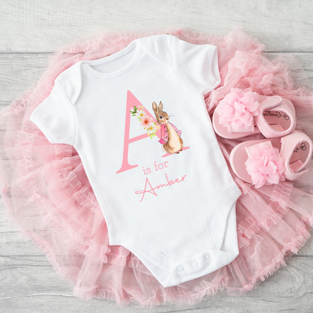 Personalised Pink Bunny Pink Initial Babygrow/Vest