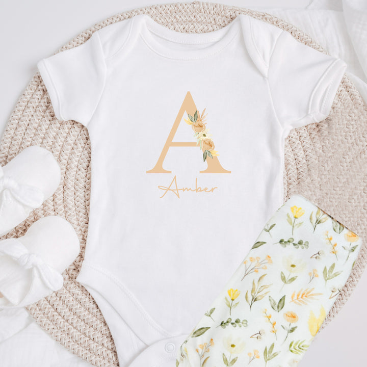 Personalised Spring Floral Peach Initial Baby Vest