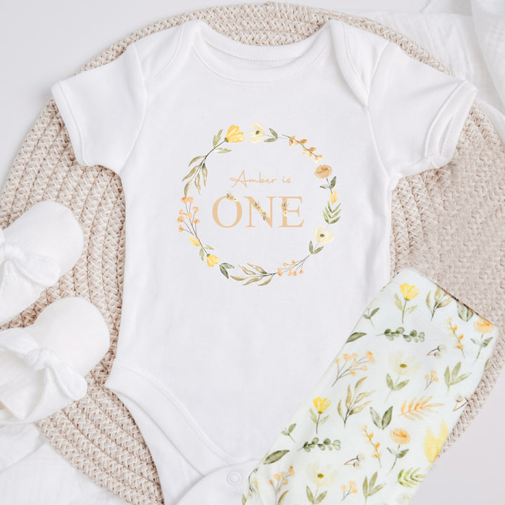 Personalised Spring Floral Wreath Birthday Baby Vest