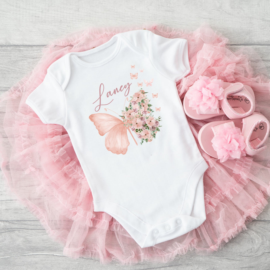 Personalised Pink Floral Butterfly Babygrow/Vest