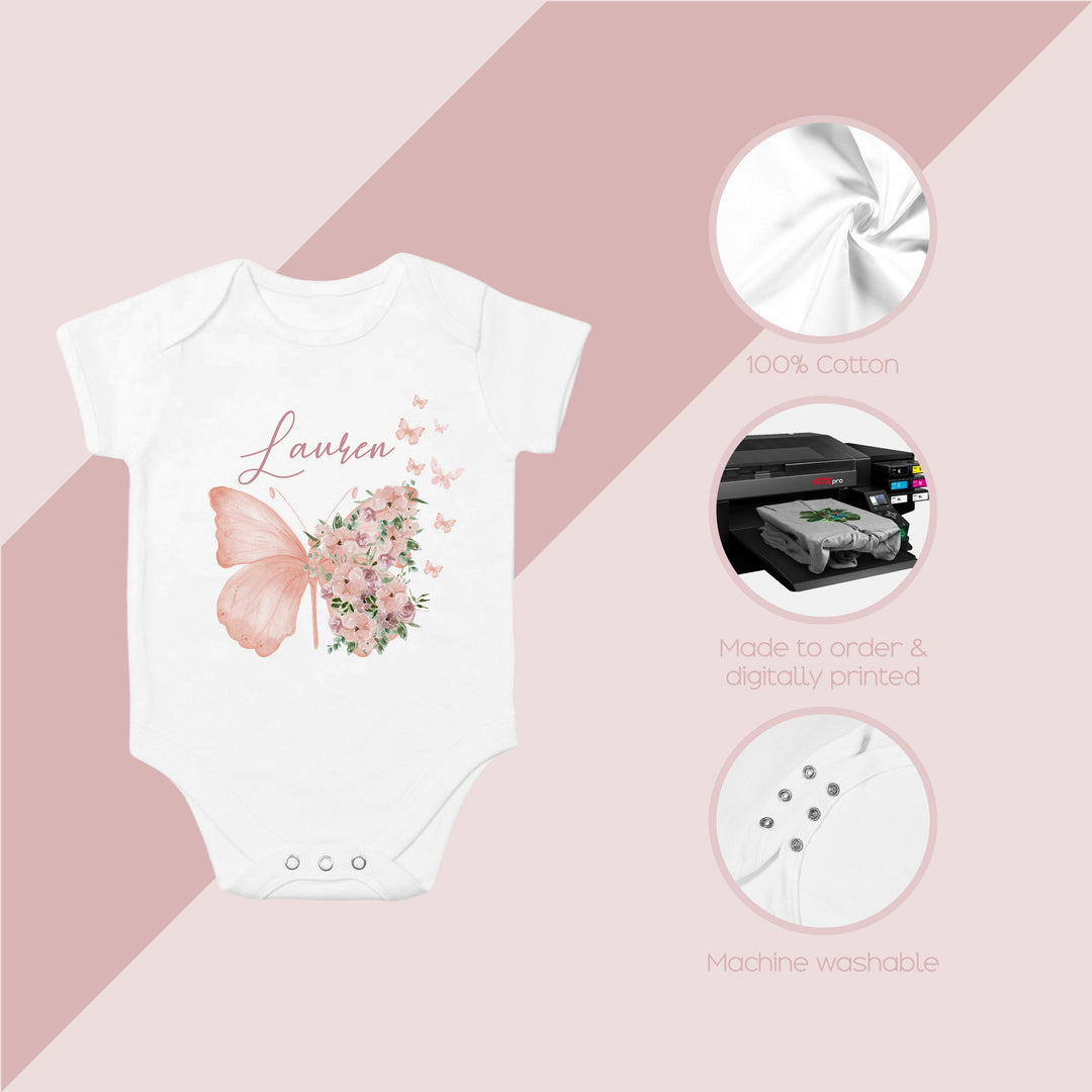 Personalised Pink Floral Butterfly Babygrow/Vest