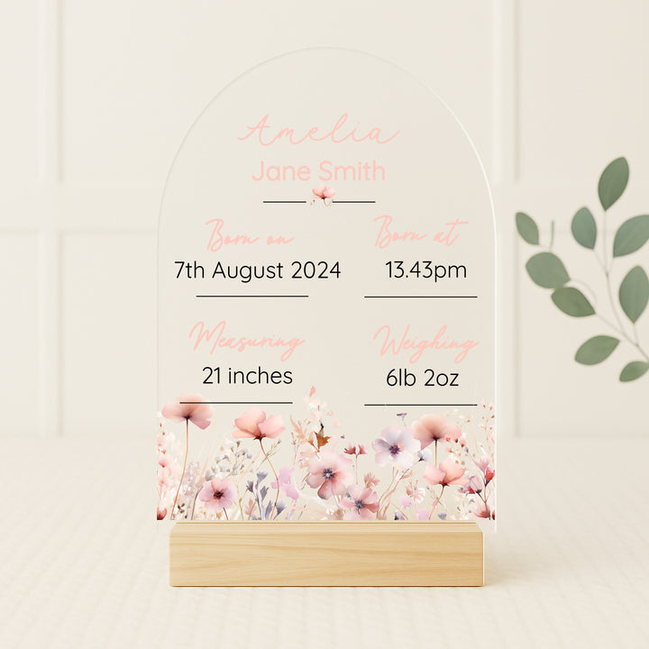 Personalised Pink Flowers Birth Stats Plaque