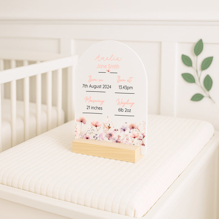 Personalised Pink Flowers Birth Stats Plaque