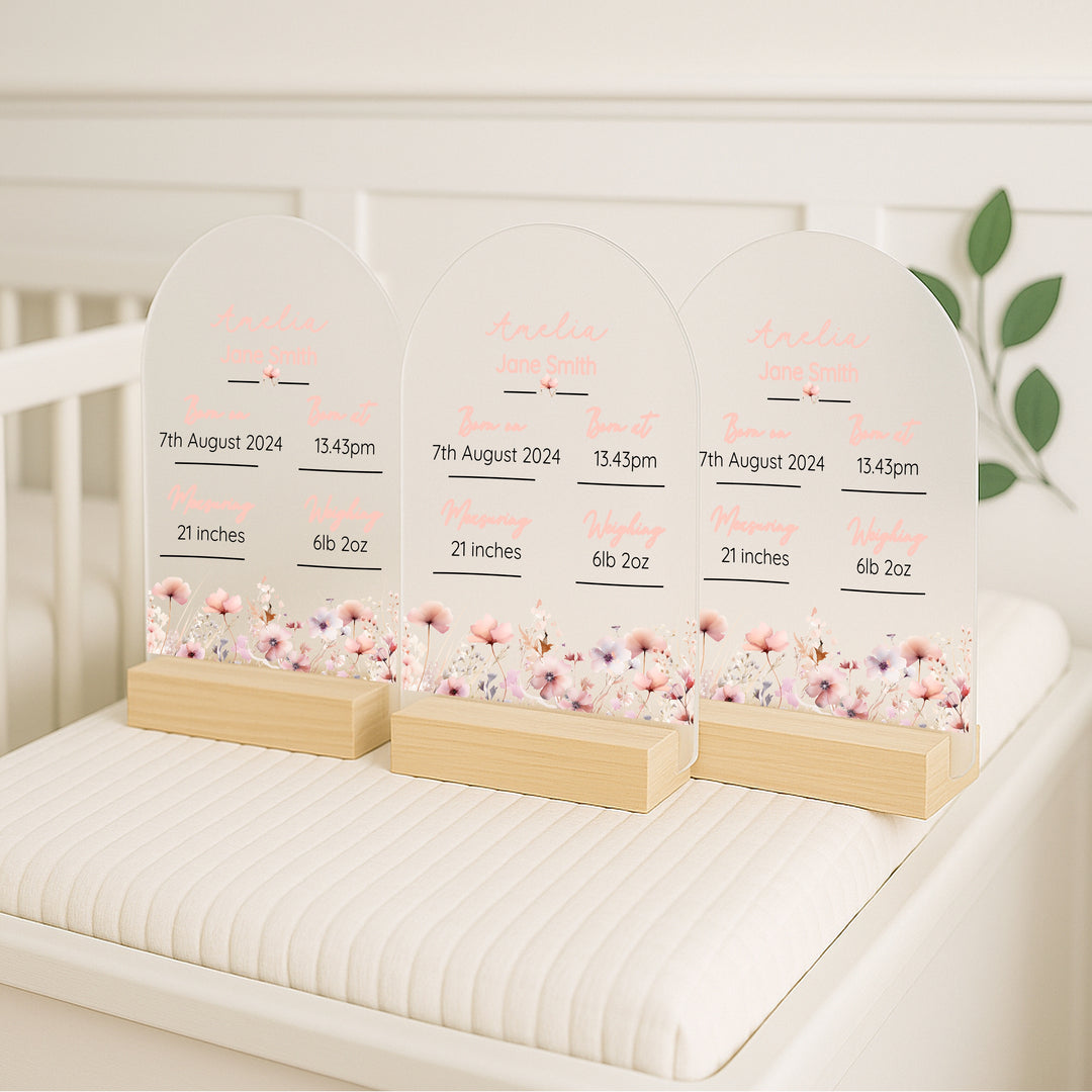 Personalised Pink Flowers Birth Stats Plaque