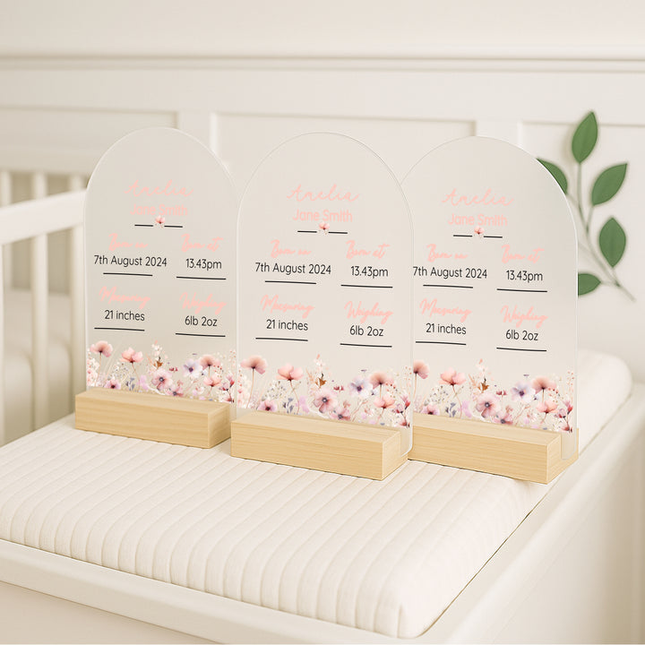 Personalised Pink Flowers Birth Stats Plaque