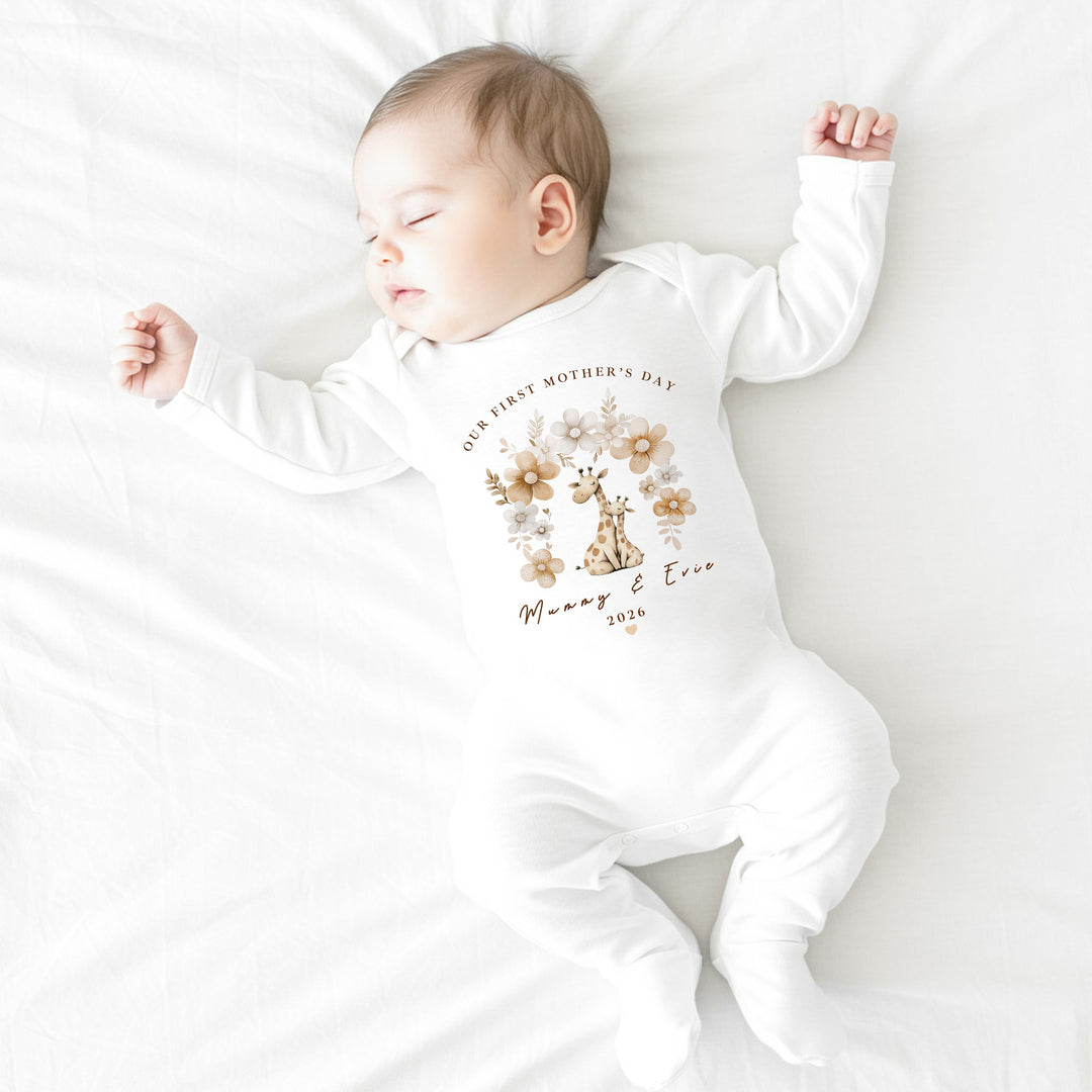 Personalised Beige Giraffes Our First Mother's Day Baby Grow, Vest or Bib