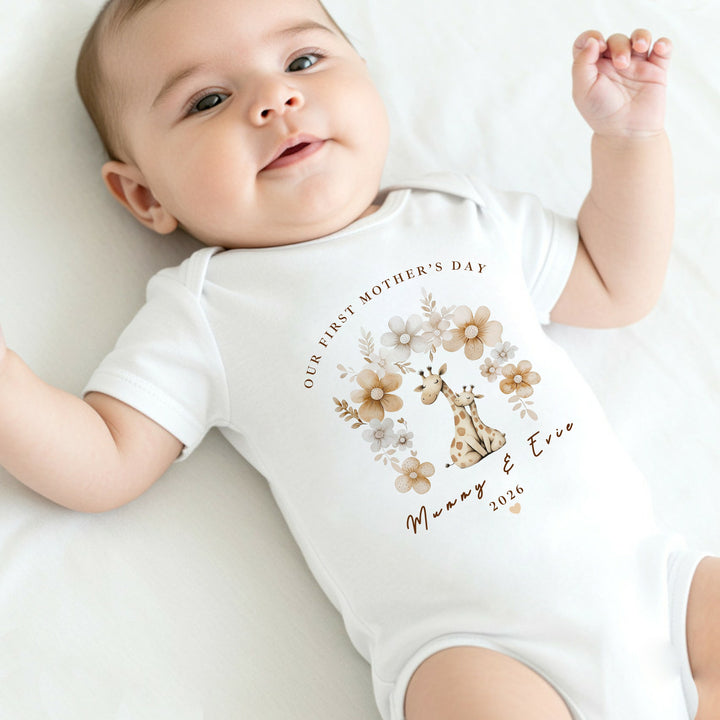 Personalised Beige Giraffes Our First Mother's Day Baby Grow, Vest or Bib