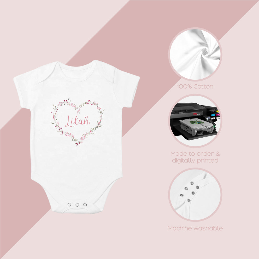 Personalised Pink Heart Wreath Babygrow/Vest/Bib