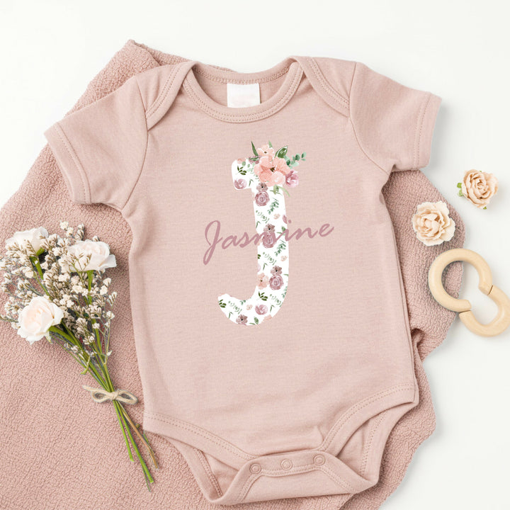 Personalised Floral Initial Pink Babygrow/Vest