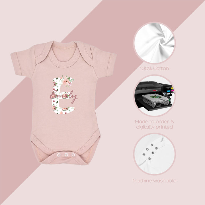 Personalised Floral Initial Pink Babygrow/Vest