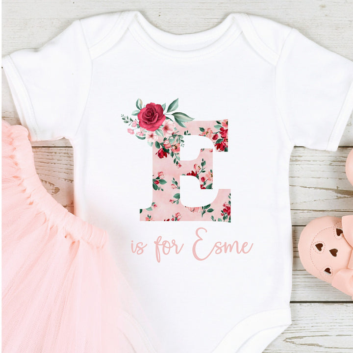 Pink Rose Floral Letter Initial and Name Babygrow/Vest
