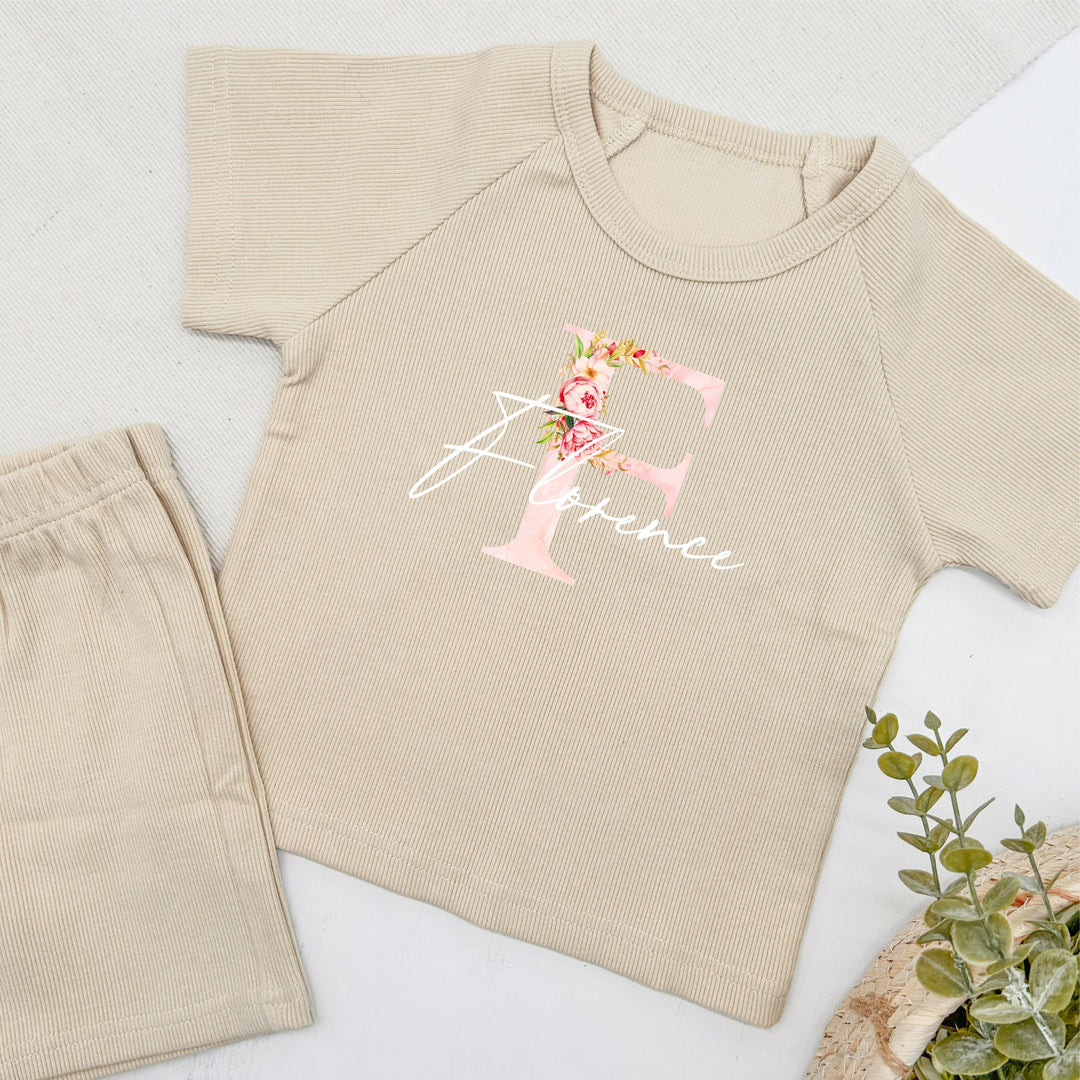 Personalised Floral Initial Ribbed Shorts Set