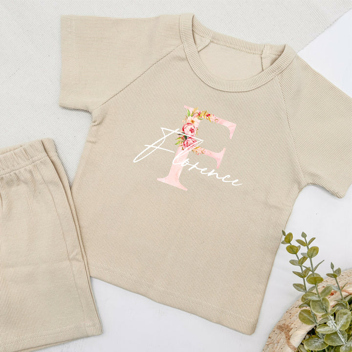 Personalised Floral Initial Ribbed Shorts Set