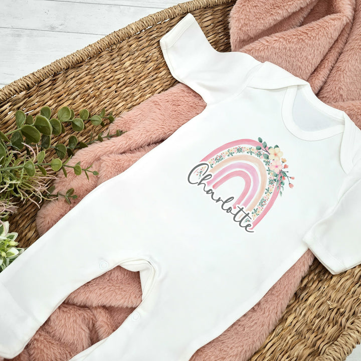 Personalised Dusky Pink Floral Rainbow Babygrow/Vest