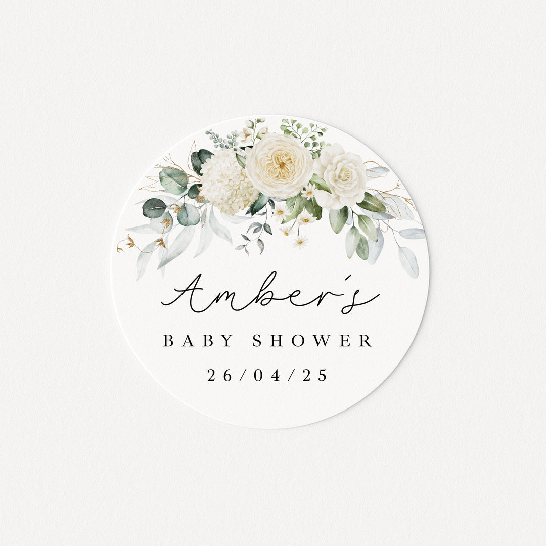 Personalised White Floral Baby Shower Stickers