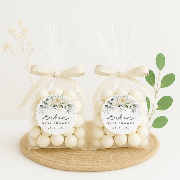 Personalised White Floral Baby Shower Stickers