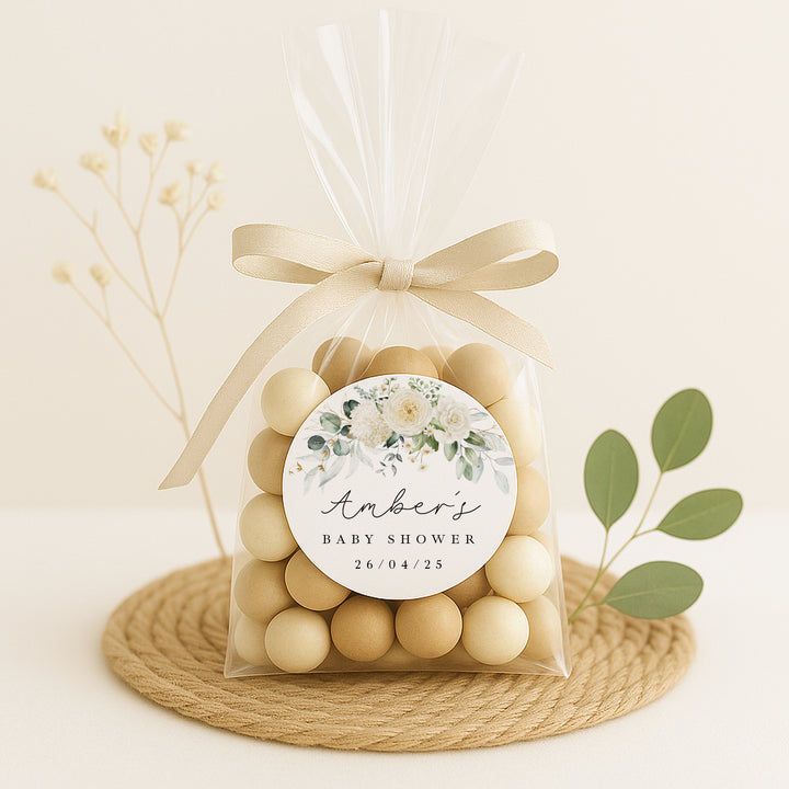 Personalised White Floral Baby Shower Stickers