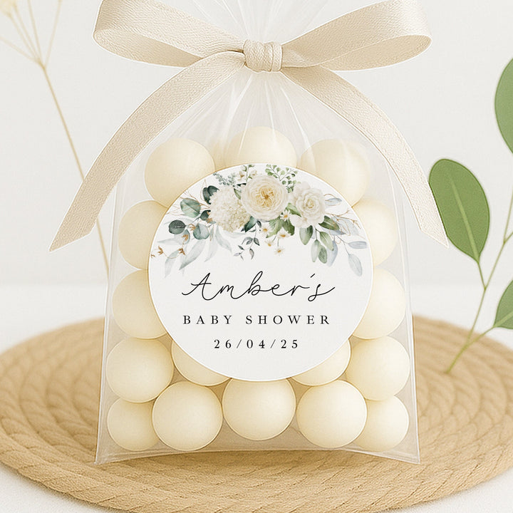 Personalised White Floral Baby Shower Stickers