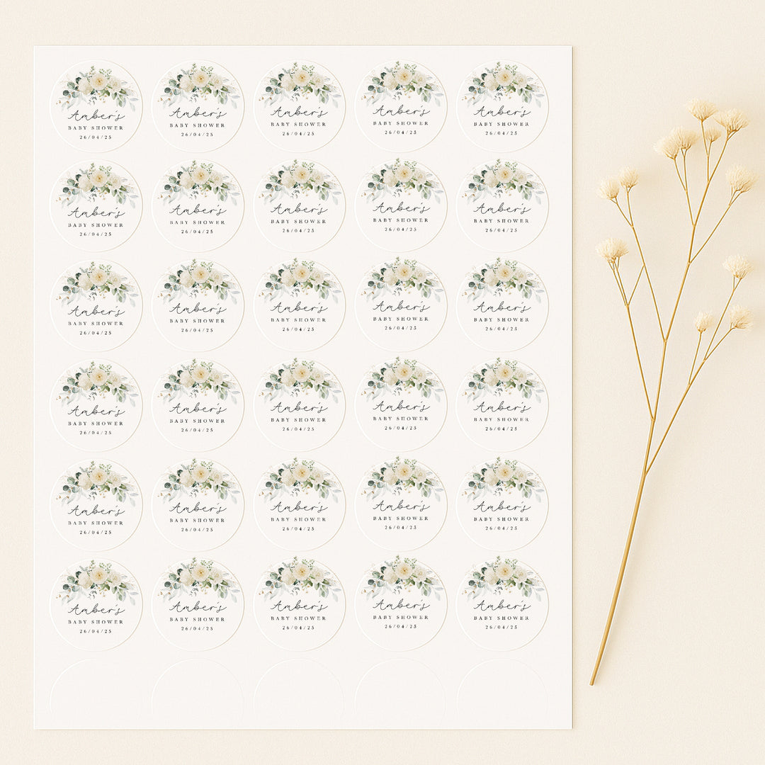 Personalised White Floral Baby Shower Stickers