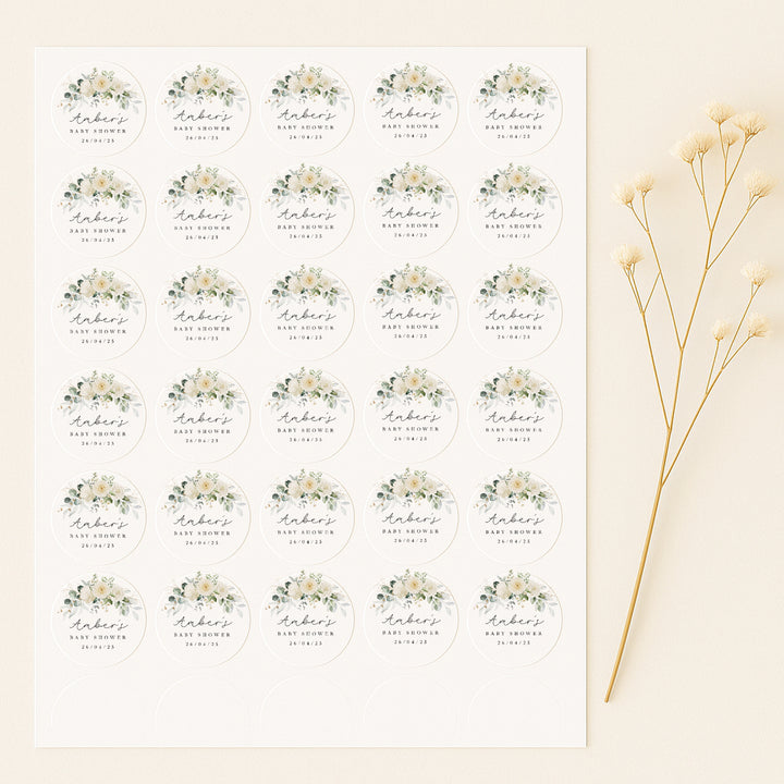 Personalised White Floral Baby Shower Stickers