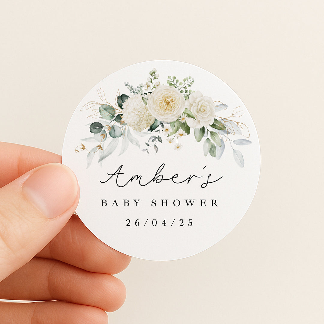 Personalised White Floral Baby Shower Stickers