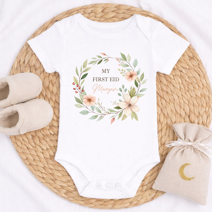 Personalised Floral Wreath My First Eid Baby Grow, Vest or Bib