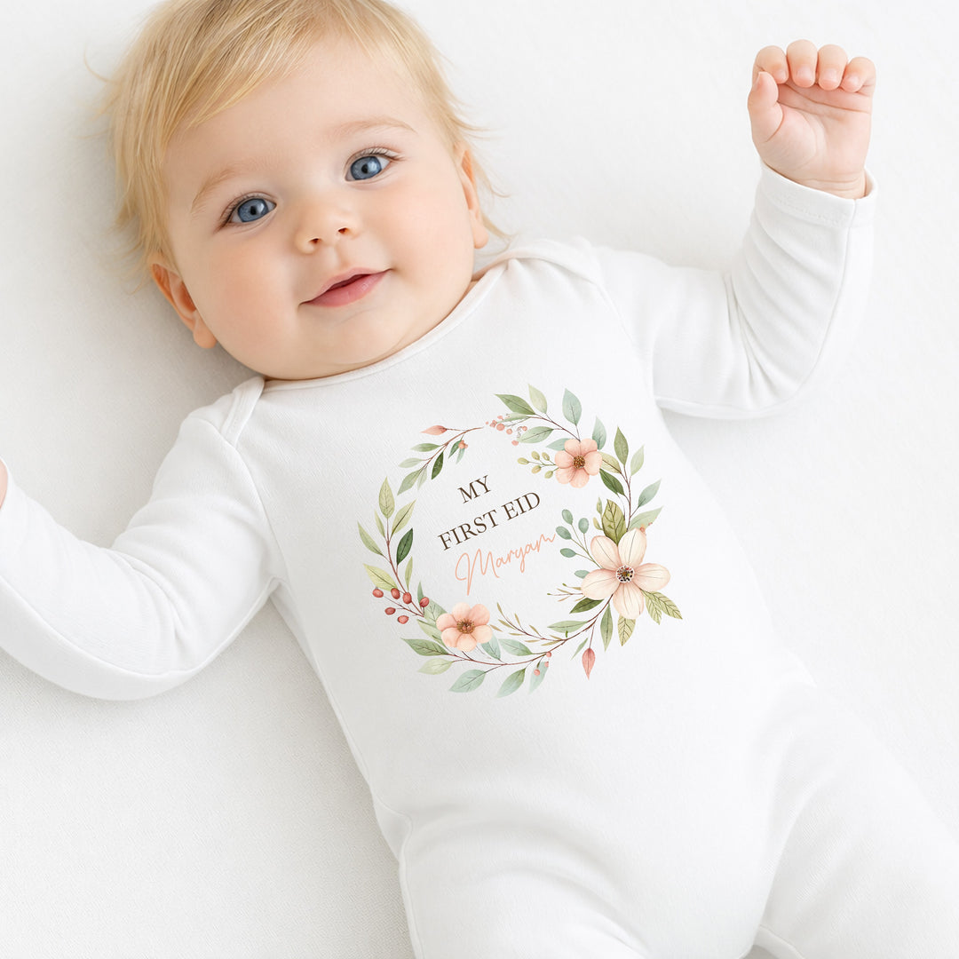 Personalised Floral Wreath My First Eid Baby Grow, Vest or Bib