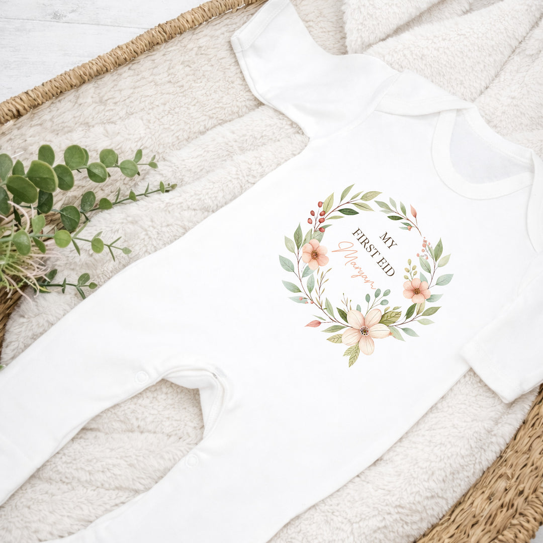 Personalised Floral Wreath My First Eid Baby Grow, Vest or Bib
