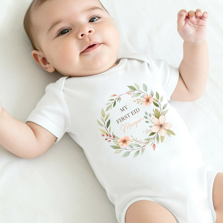 Personalised Floral Wreath My First Eid Baby Grow, Vest or Bib