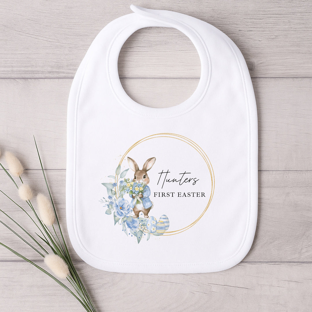 Personalised Blue Bunny Wreath My First Easter Baby Grow, Vest or Bib