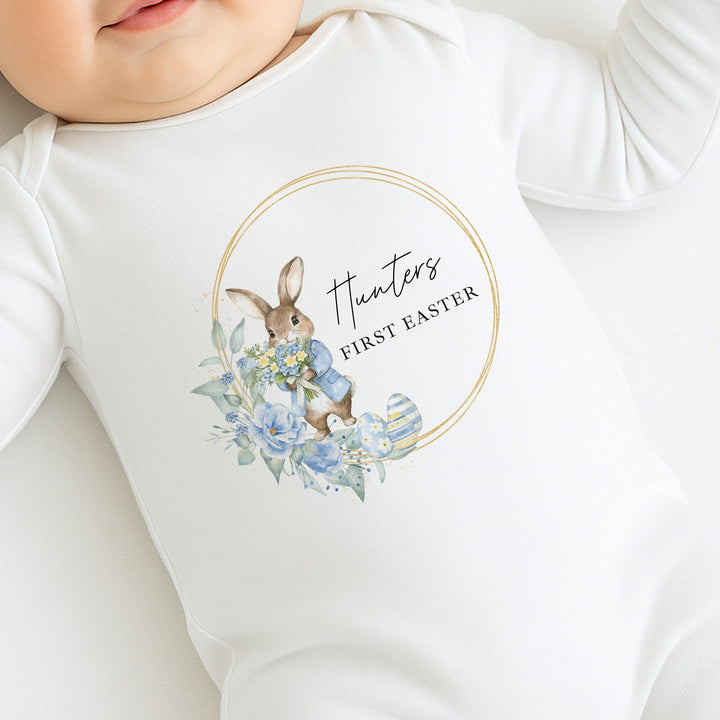 Personalised Blue Bunny Wreath My First Easter Baby Grow, Vest or Bib